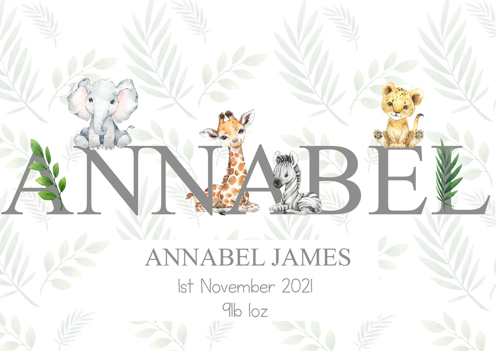 Safari name Print • Personalised New Baby Print • Birth Announcement • Baby Wall Art A4 A3 • Safari Print • Jungle Nursery Print • Safari