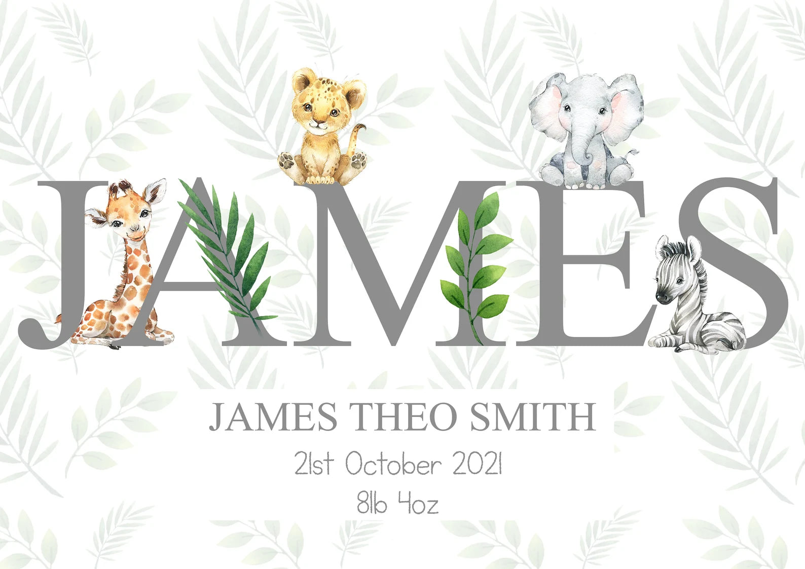 Safari name Print • Personalised New Baby Print • Birth Announcement • Baby Wall Art A4 A3 • Safari Print • Jungle Nursery Print • Safari