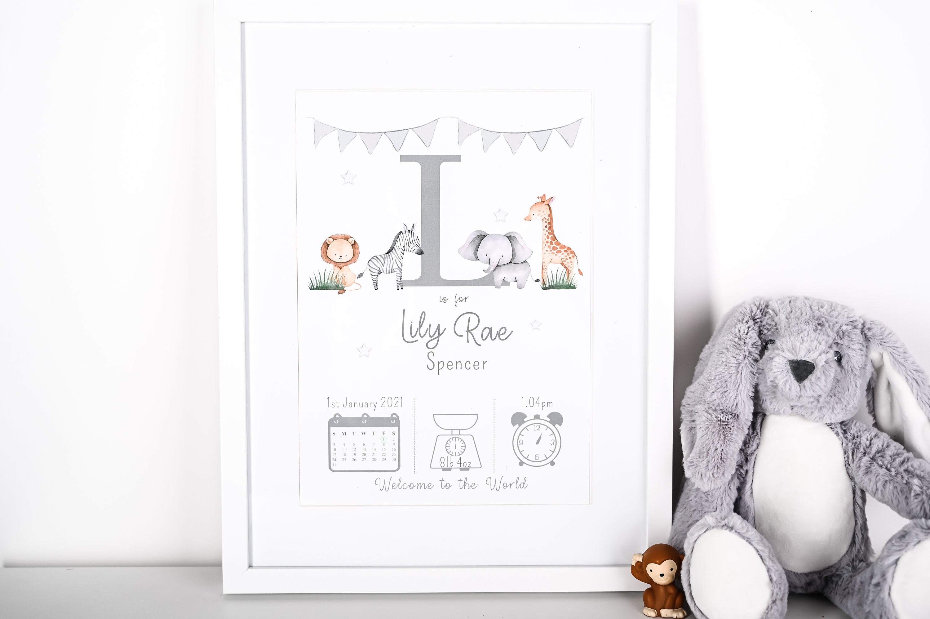 Personalised Safari Print • Personalised New Baby Print • Birth Announcement • Baby Wall Art A4 A3 • Safari Print • Jungle Nursery Print