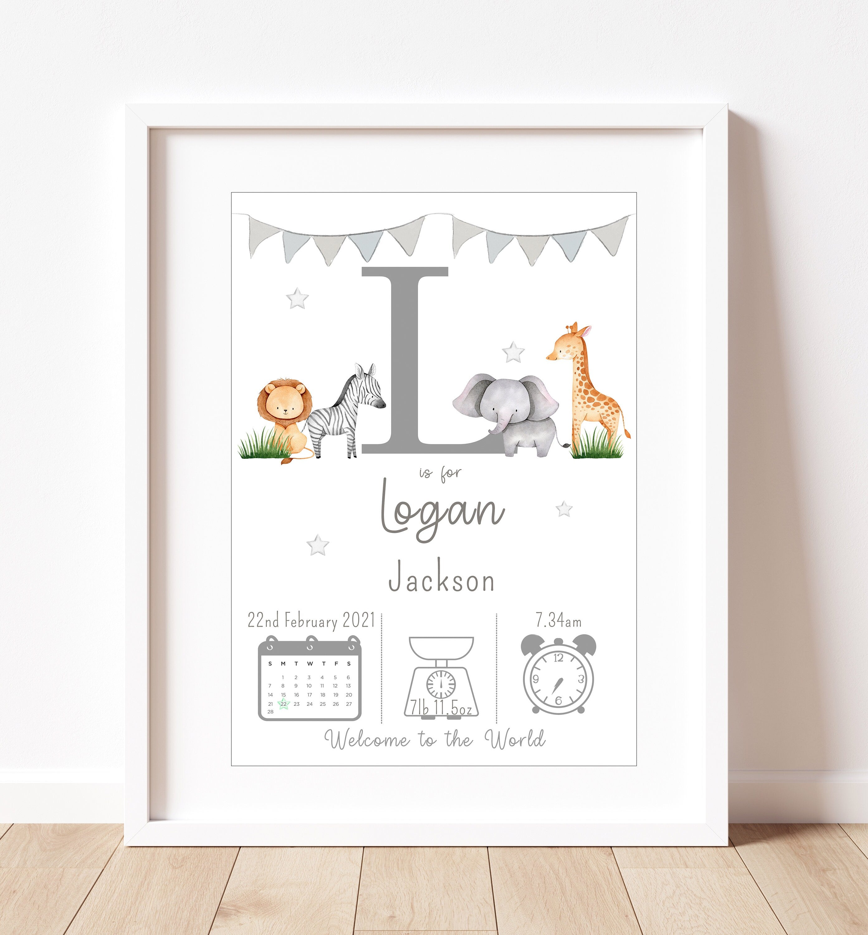 Personalised Safari Print • Personalised New Baby Print • Birth Announcement • Baby Wall Art A4 A3 • Safari Print • Jungle Nursery Print