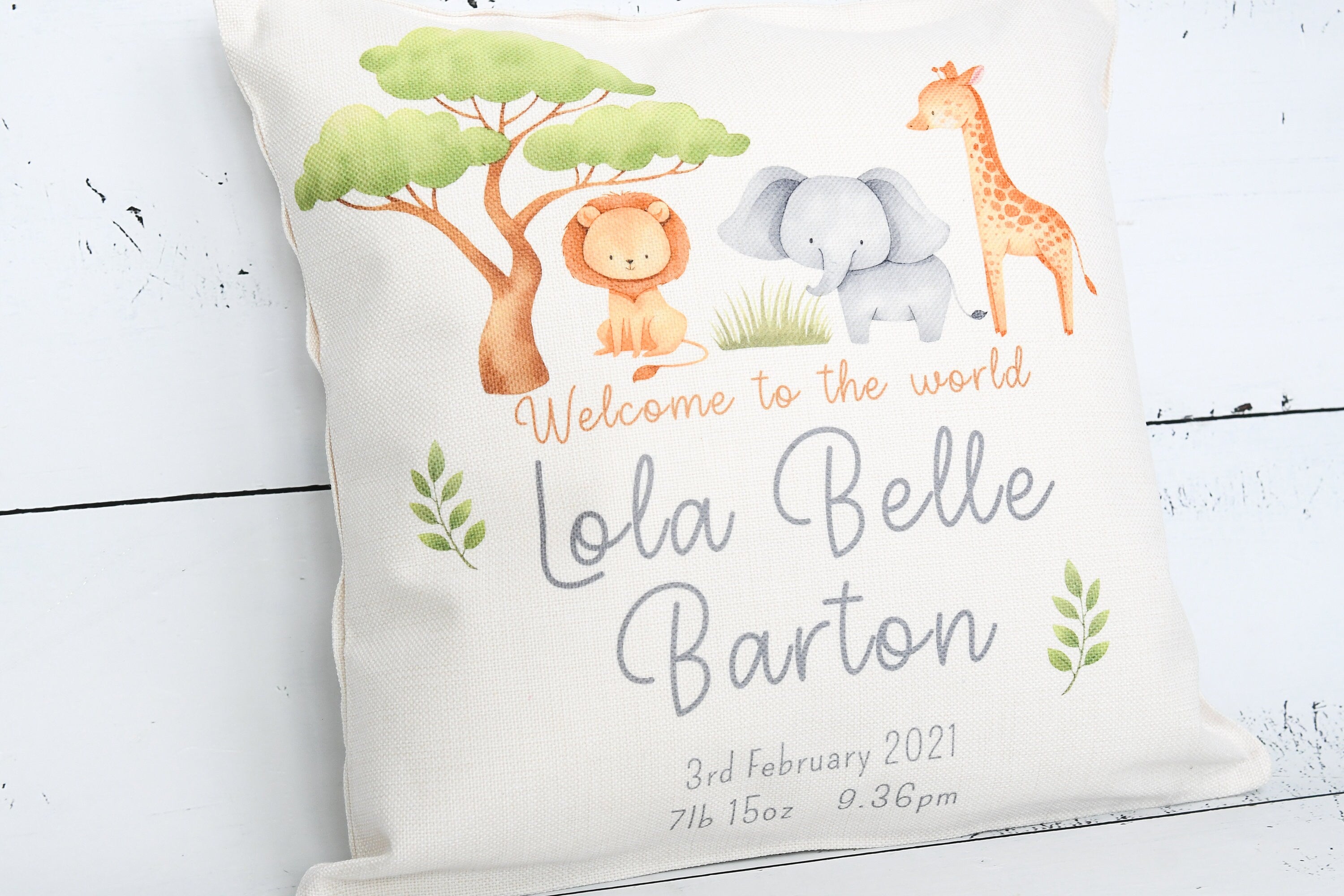 Personalised New Baby Cushion, Welcome To The World Cushion, New Baby Gifts, New Born Baby Gift, safari Cushion, New Baby Present, safari