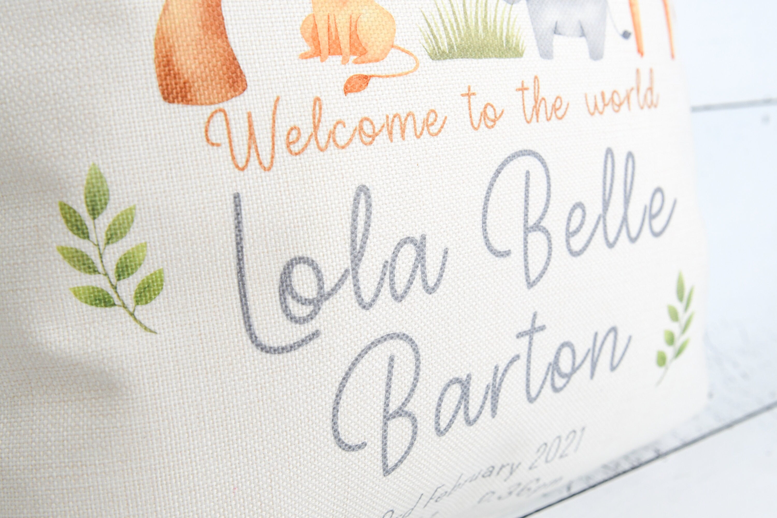 Personalised New Baby Cushion, Welcome To The World Cushion, New Baby Gifts, New Born Baby Gift, safari Cushion, New Baby Present, safari