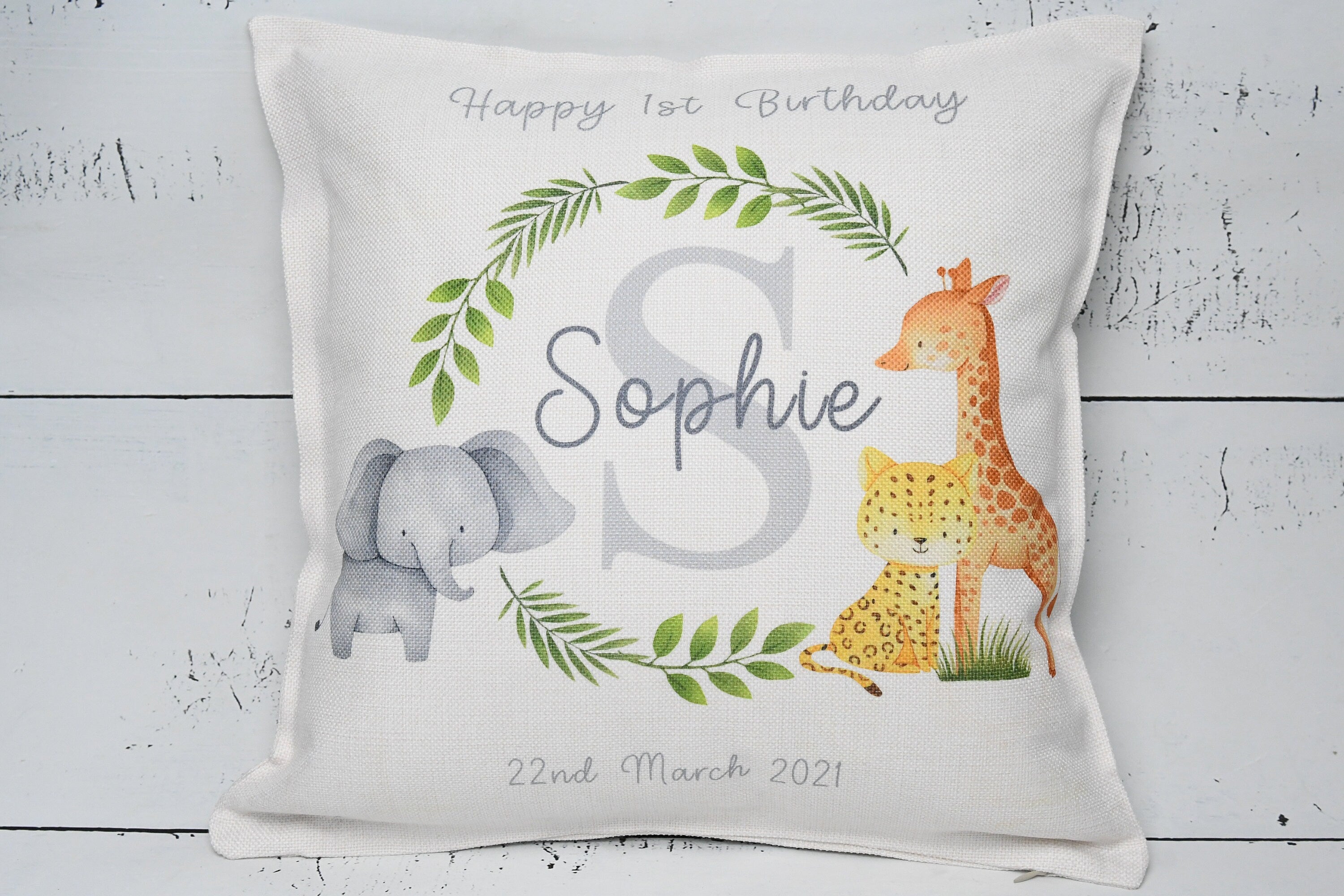 Personalised birthday cushion, 1st birthday cushion, 1st birthday gifts, Safari Cushion, baby Present, Safari Nursery Decor , safari gift
