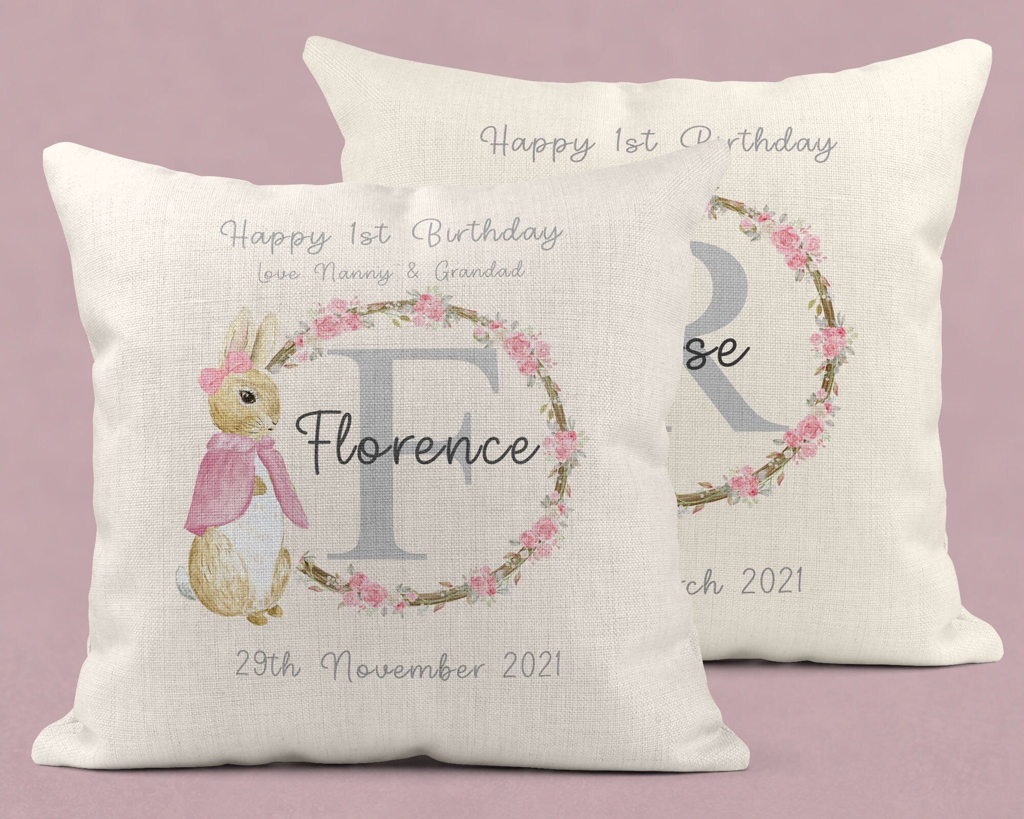 Personalised 1st birthday cushion, 1st birthday gift, New Baby Gifts, Rabbit Cushion, Flopsy Bunny cushion, Rabbit, Nursery decor