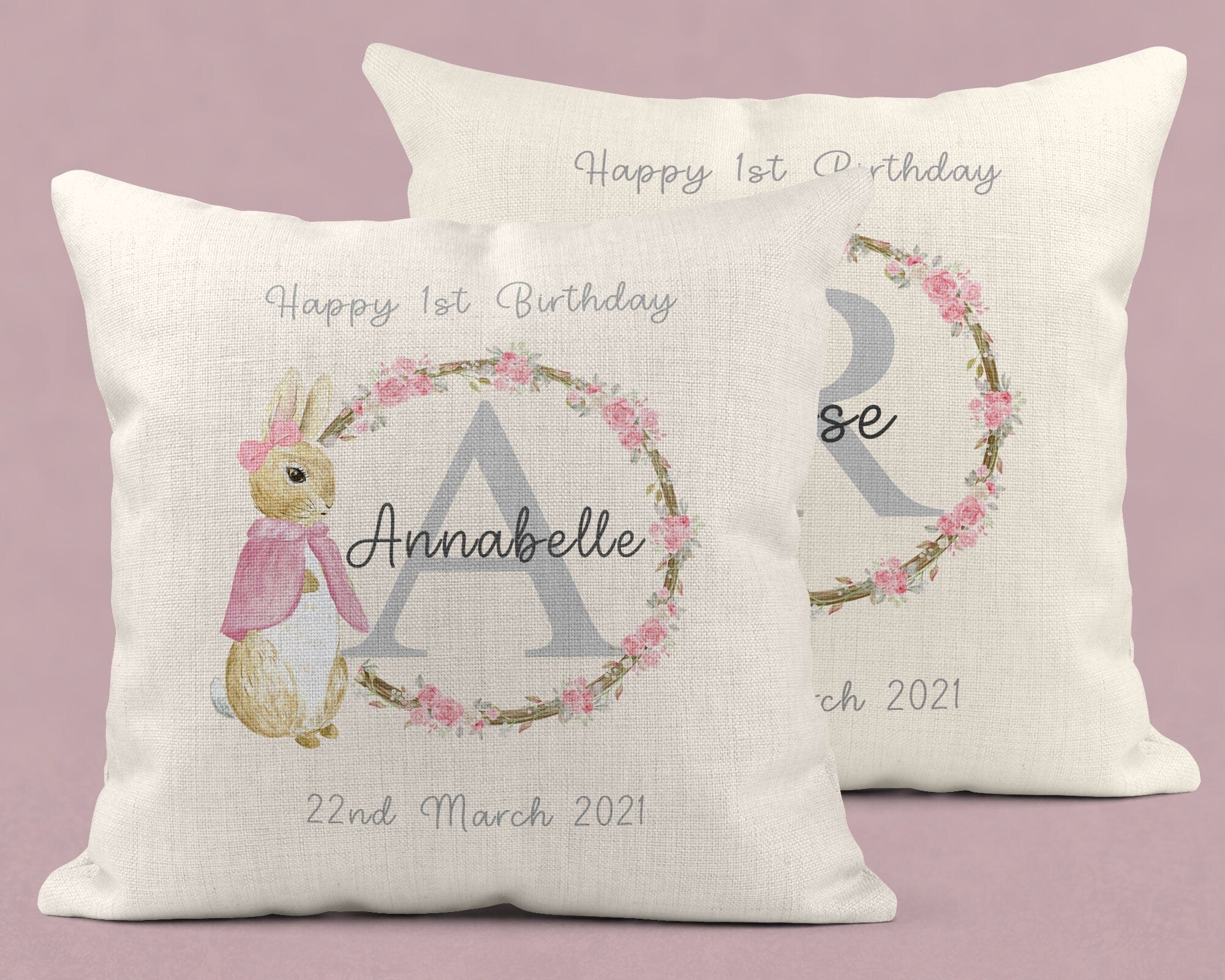 Personalised 1st birthday cushion, 1st birthday gift, New Baby Gifts, Rabbit Cushion, Flopsy Bunny cushion, Rabbit, Nursery decor