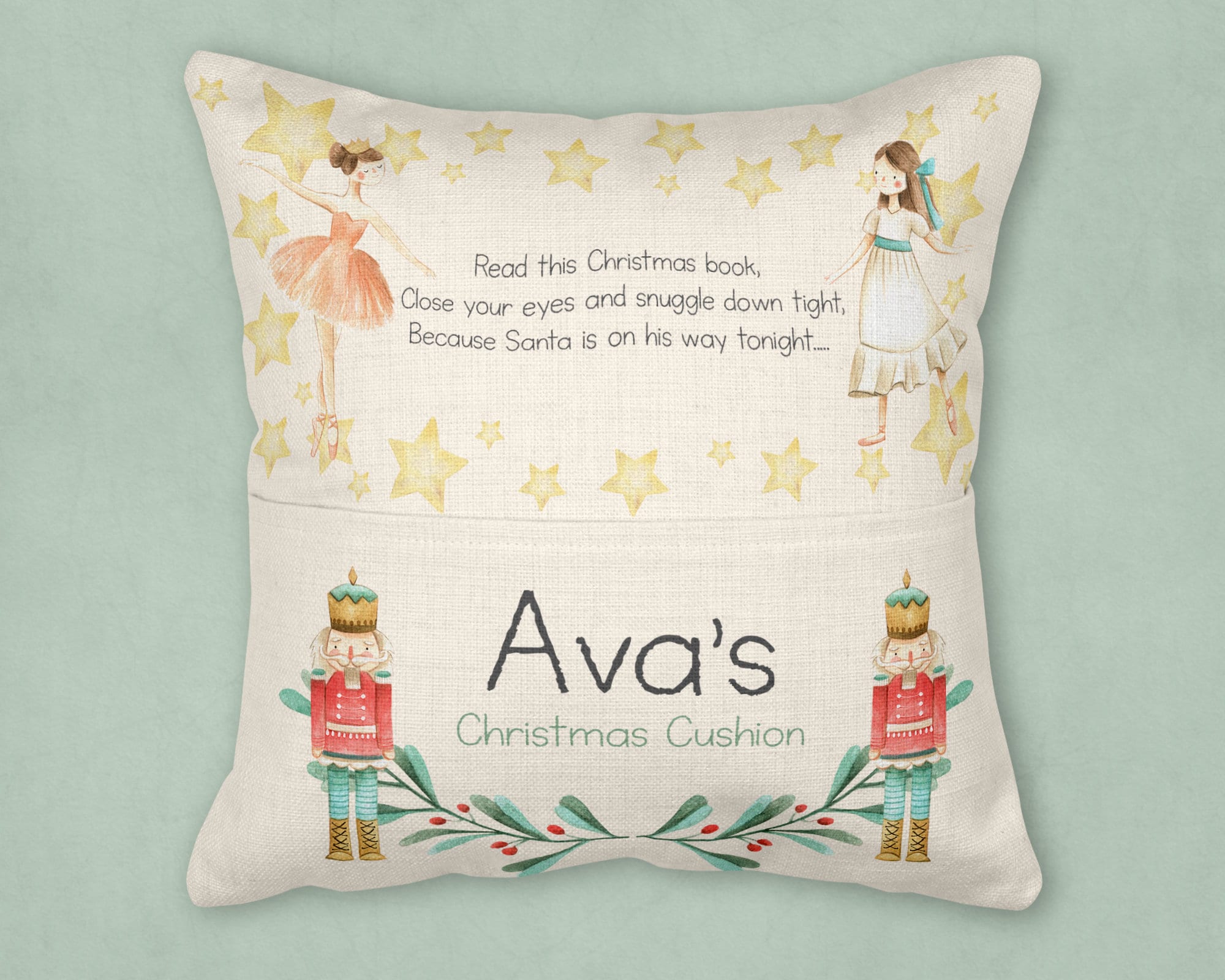 Christmas Eve Cushion, Christmas Cushion, Christmas Reading Cushion, Nutcracker Cushion, Christmas reading cushion, Reading cushion, pocket
