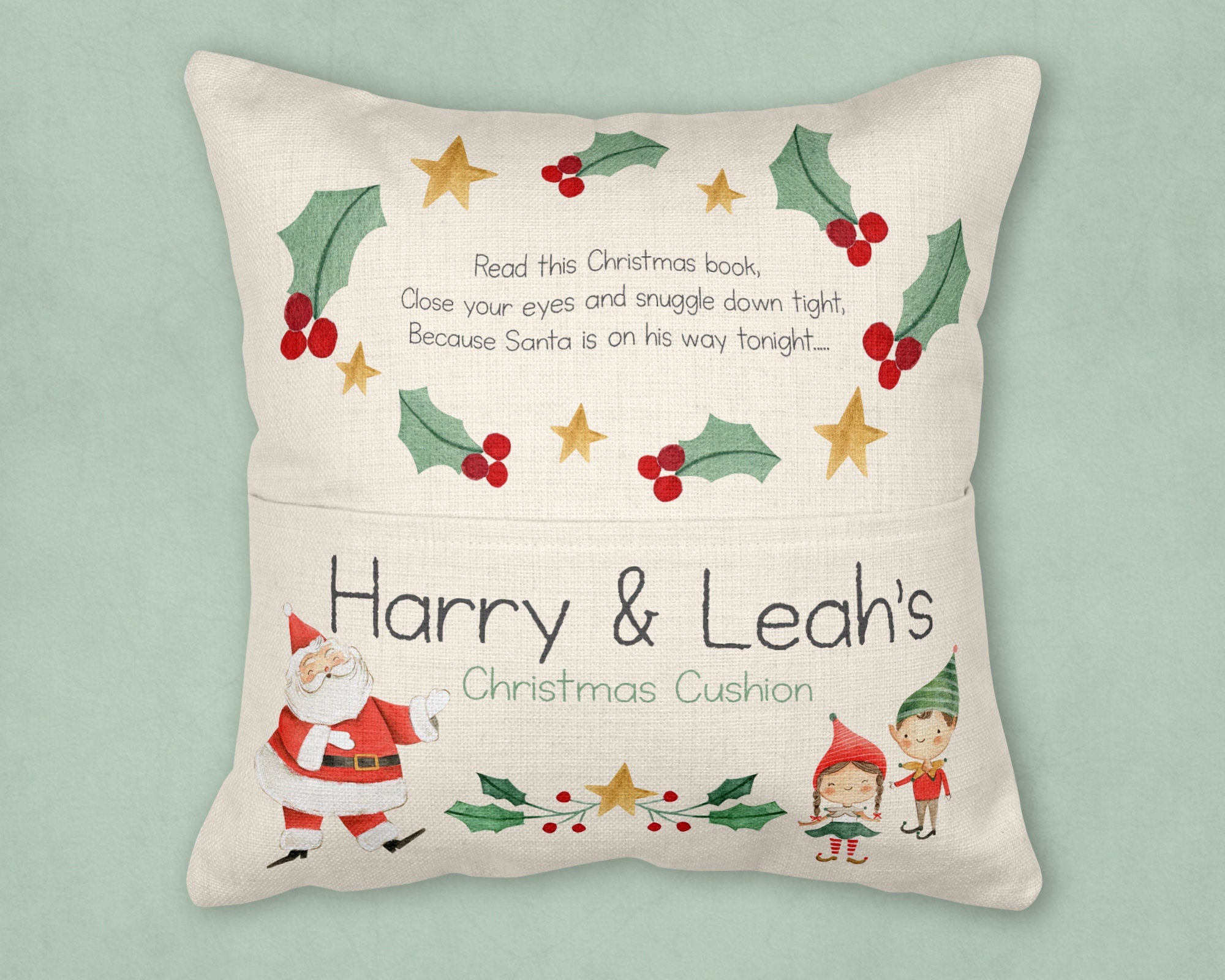 Christmas Eve Cushion, Christmas Cushion, Christmas Reading Cushion, Santa Cushion, Christmas reading cushion, Reading cushion, pocket