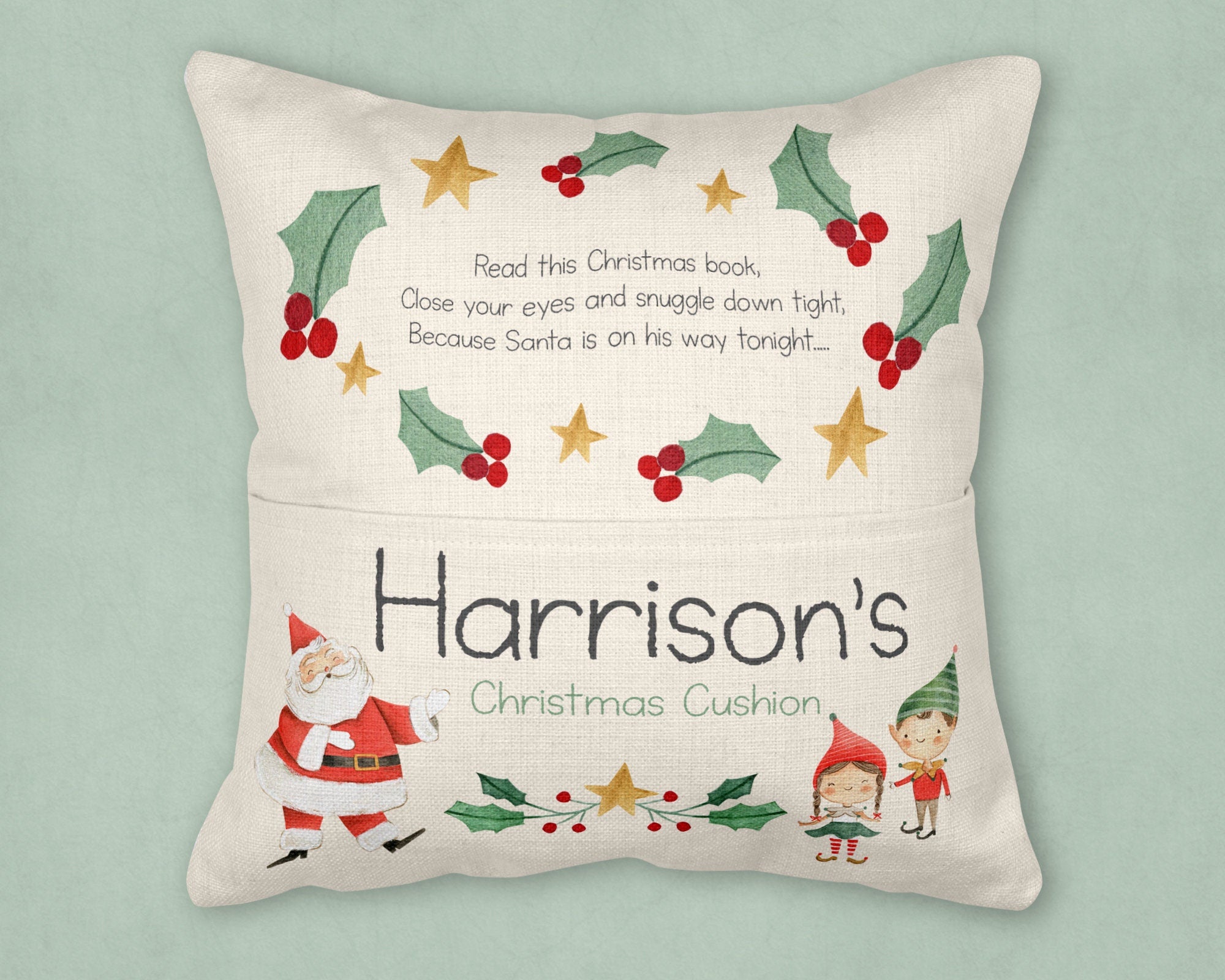 Christmas Eve Cushion, Christmas Cushion, Christmas Reading Cushion, Santa Cushion, Christmas reading cushion, Reading cushion, pocket