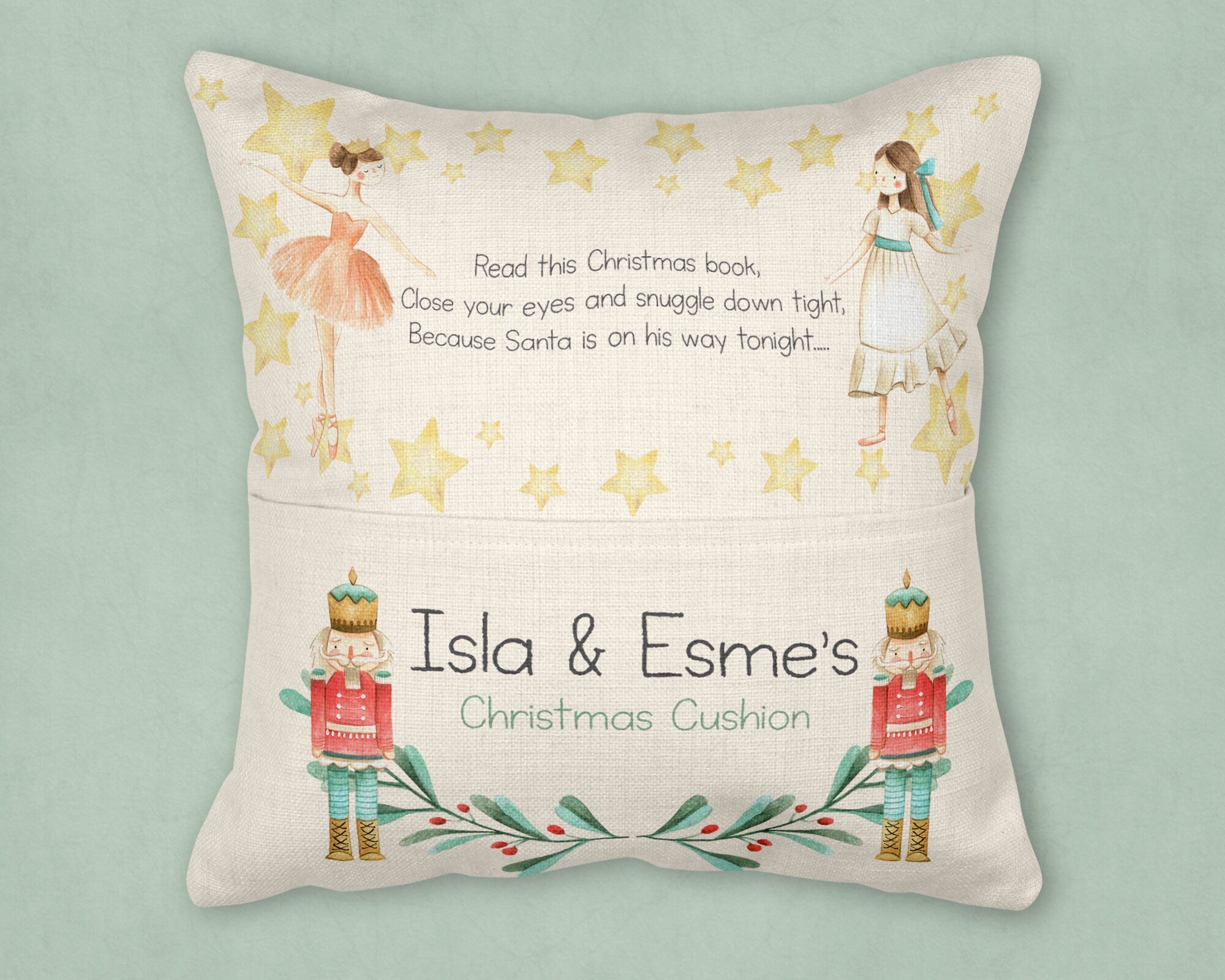 Christmas Eve Cushion, Christmas Cushion, Christmas Reading Cushion, Nutcracker Cushion, Christmas reading cushion, Reading cushion, pocket