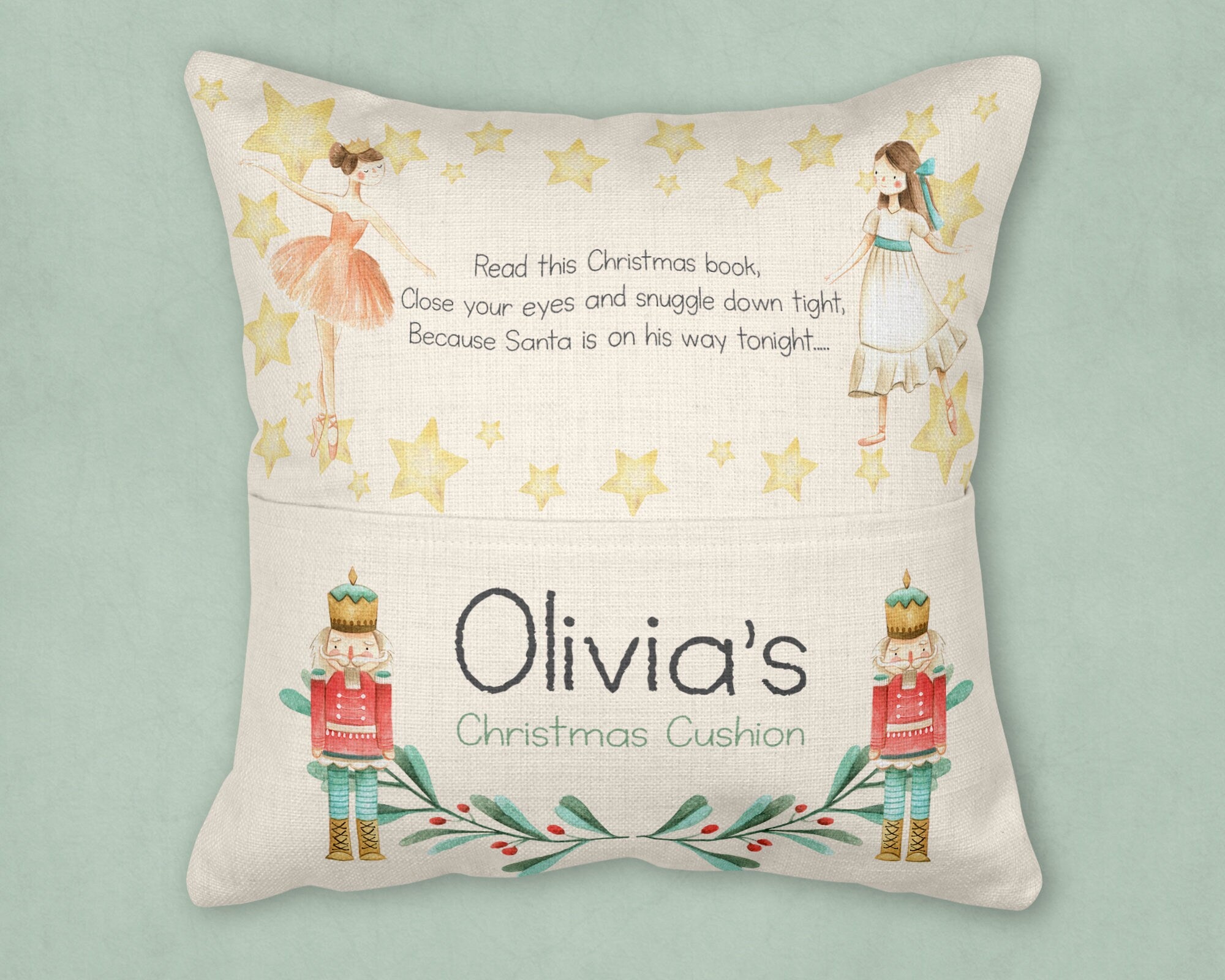 Christmas Eve Cushion, Christmas Cushion, Christmas Reading Cushion, Nutcracker Cushion, Christmas reading cushion, Reading cushion, pocket