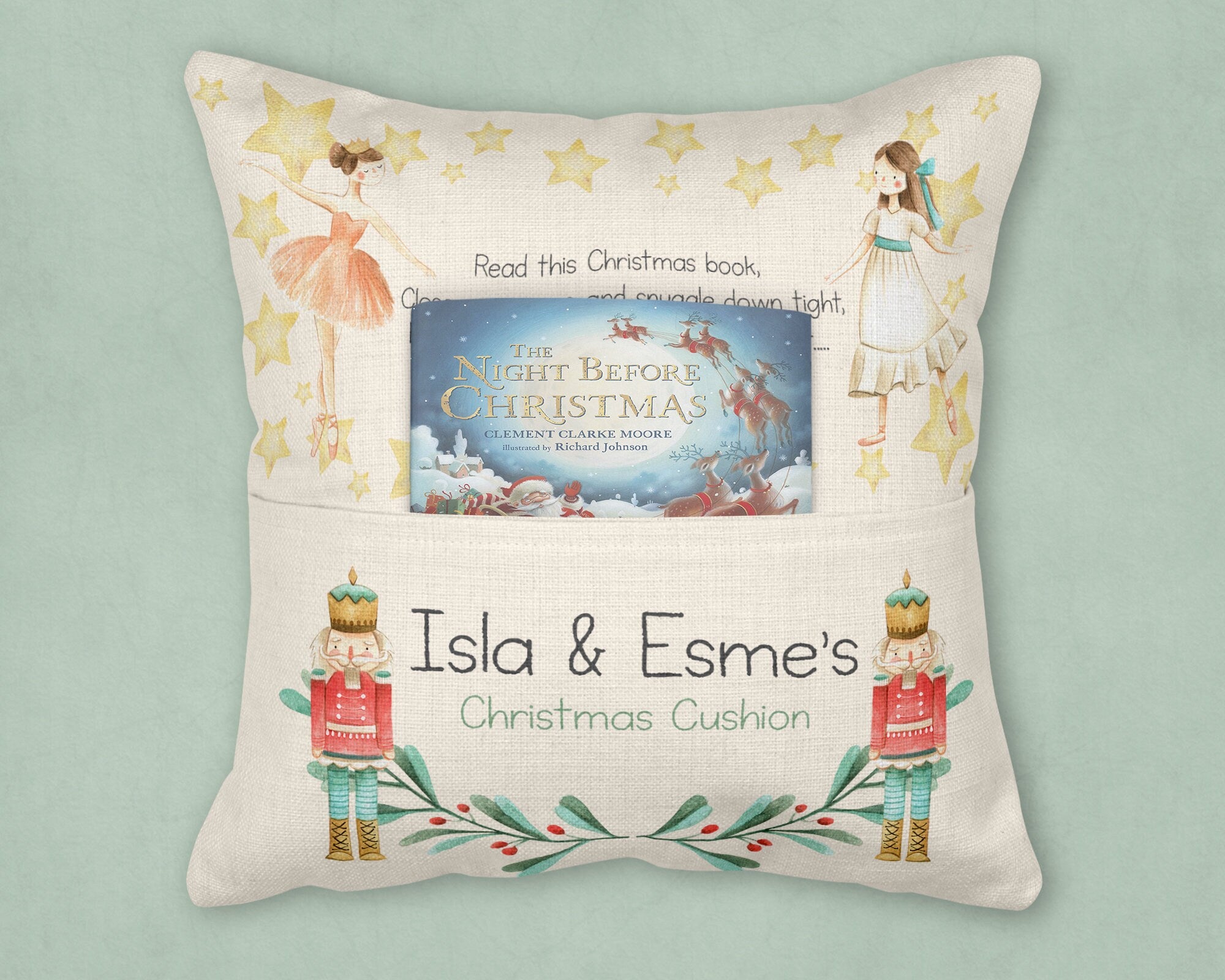 Christmas Eve Cushion, Christmas Cushion, Christmas Reading Cushion, Nutcracker Cushion, Christmas reading cushion, Reading cushion, pocket