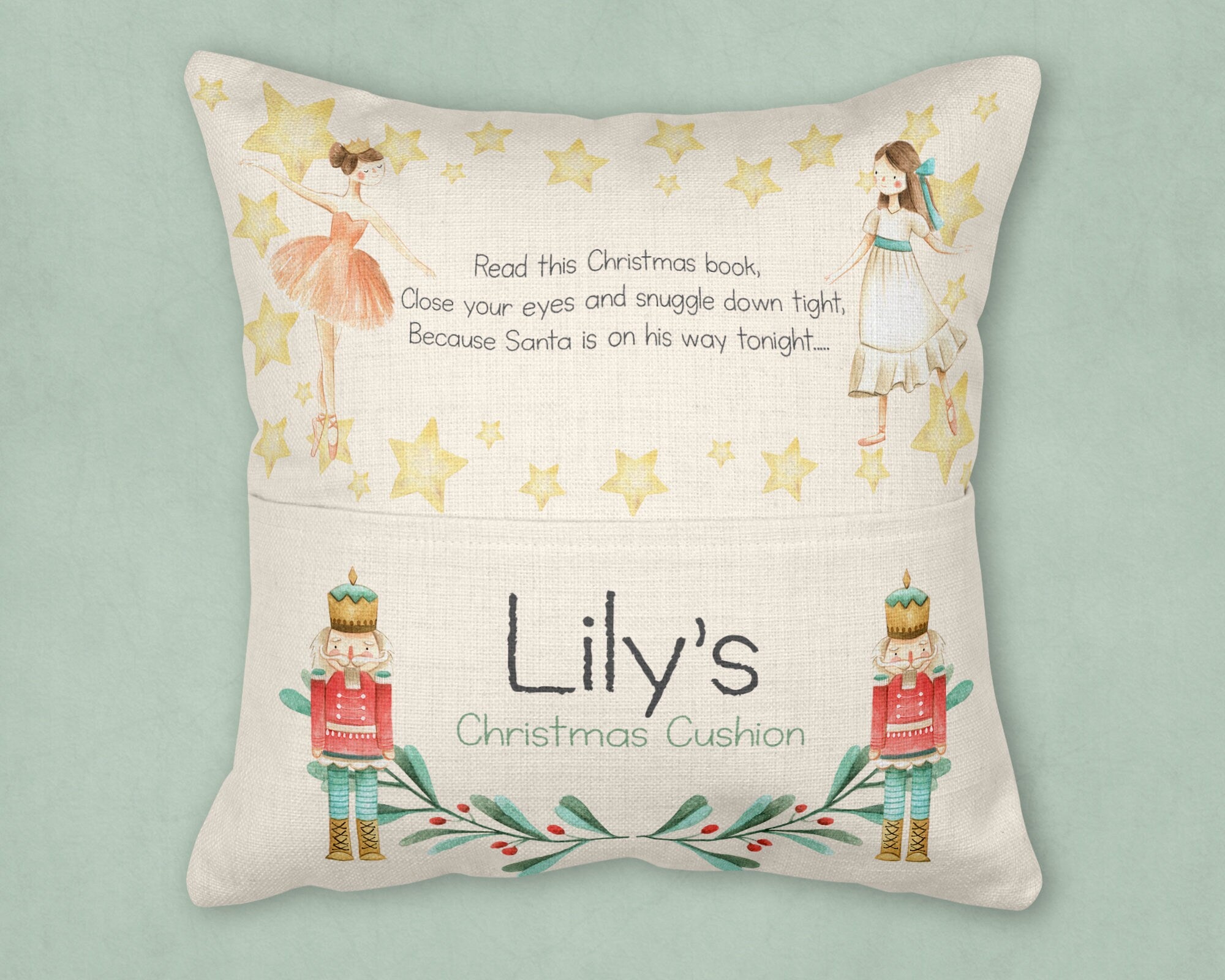 Christmas Eve Cushion, Christmas Cushion, Christmas Reading Cushion, Nutcracker Cushion, Christmas reading cushion, Reading cushion, pocket