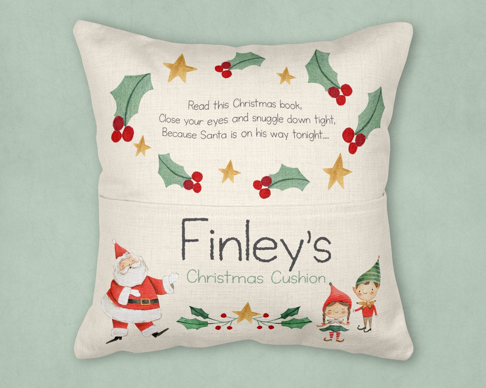 Christmas Eve Cushion, Christmas Cushion, Christmas Reading Cushion, Santa Cushion, Christmas reading cushion, Reading cushion, pocket