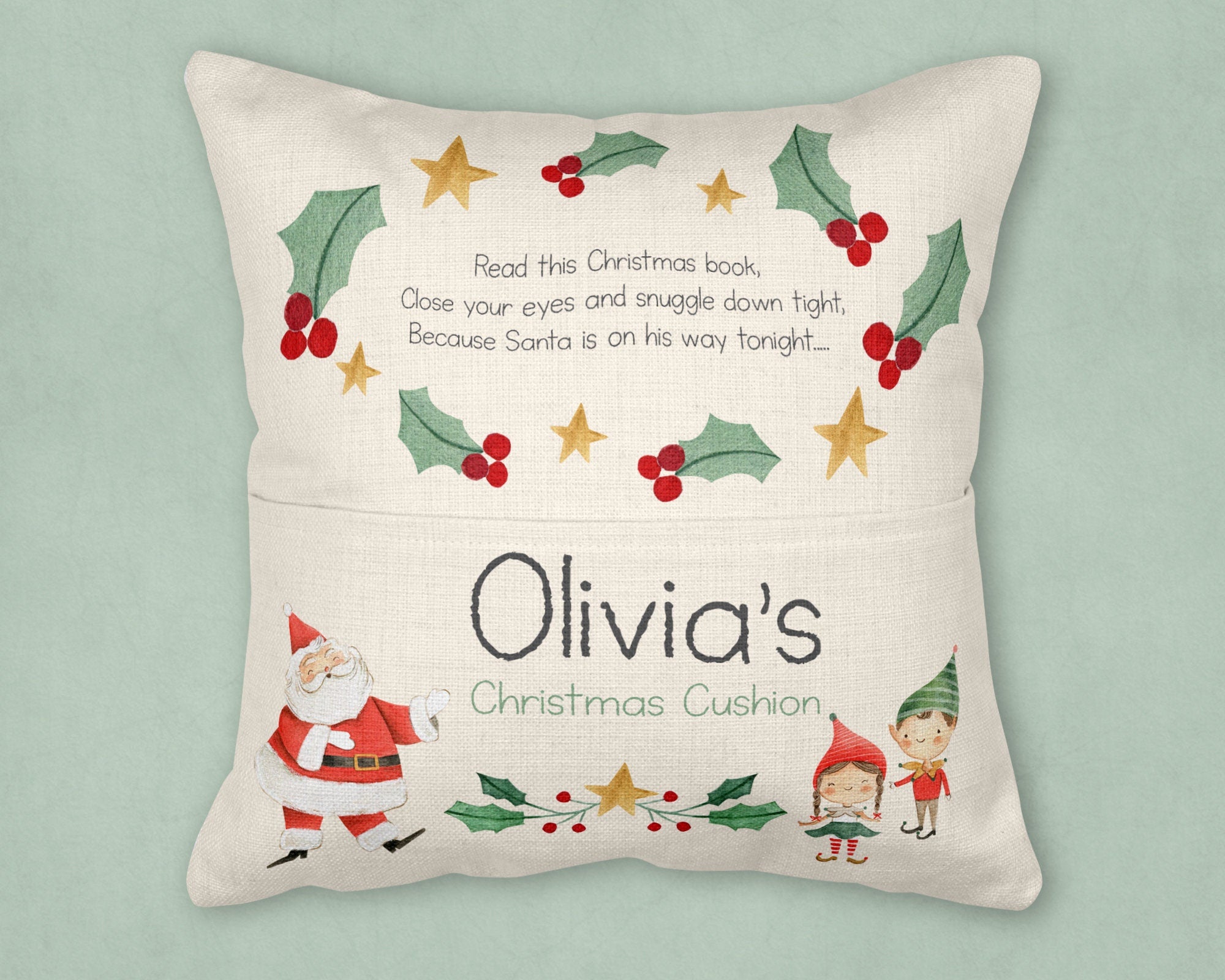 Christmas Eve Cushion, Christmas Cushion, Christmas Reading Cushion, Santa Cushion, Christmas reading cushion, Reading cushion, pocket