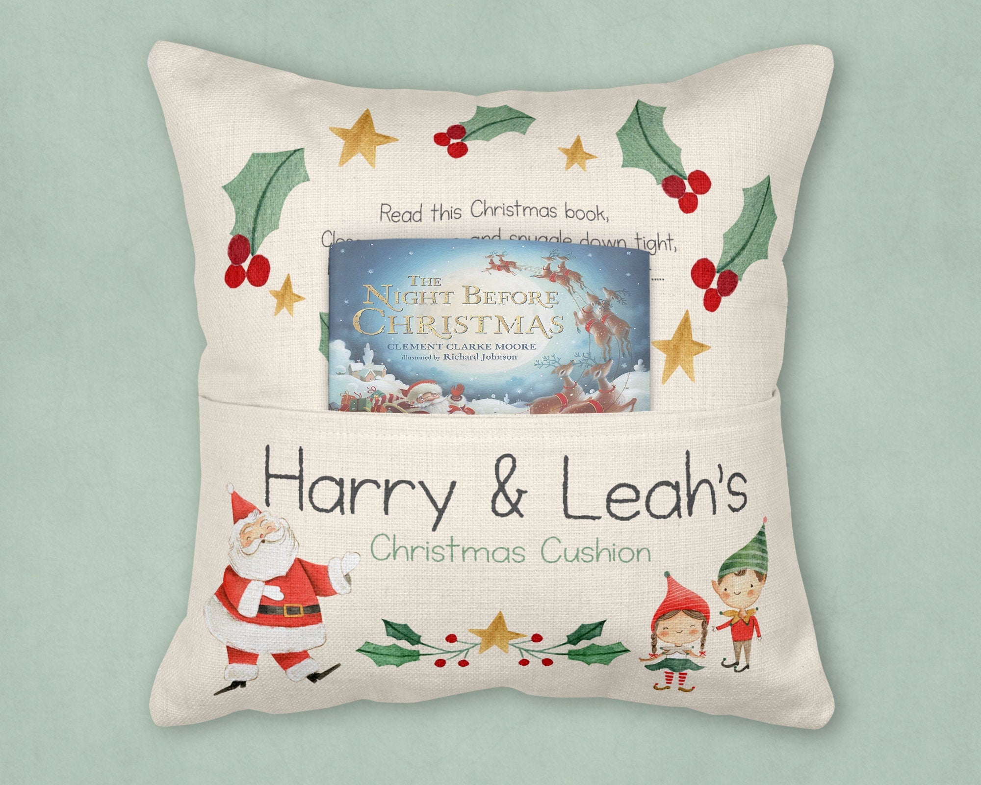 Christmas Eve Cushion, Christmas Cushion, Christmas Reading Cushion, Santa Cushion, Christmas reading cushion, Reading cushion, pocket