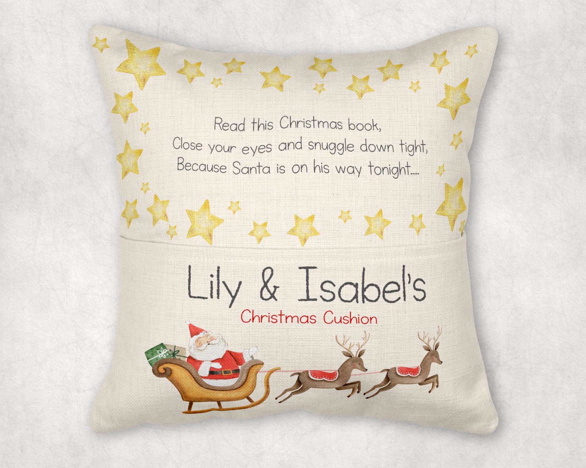 Christmas Eve Cushion, Christmas Cushion, Christmas Reading Cushion, Santa Cushion, Christmas reading cushion, Reading cushion, pocket