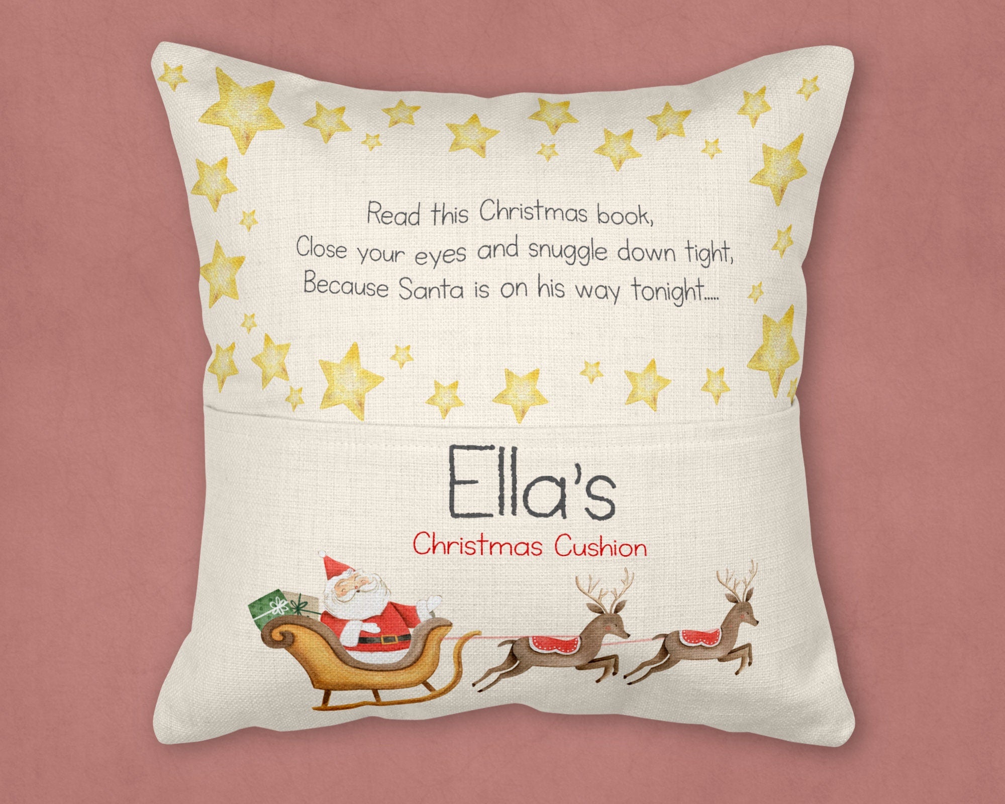 Christmas Eve Cushion, Christmas Cushion, Christmas Reading Cushion, Santa Cushion, Christmas reading cushion, Reading cushion, pocket