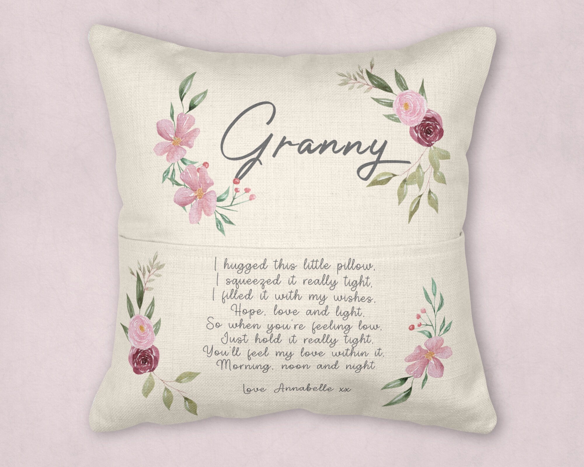 Personalised Nanny Cushion, Pocket Cushion, Nanny Gift Cushion, Grandchild Nan Gift, Gran Gifts, Mothers Day Gifts, Mum Gifts, Mummy Cushion