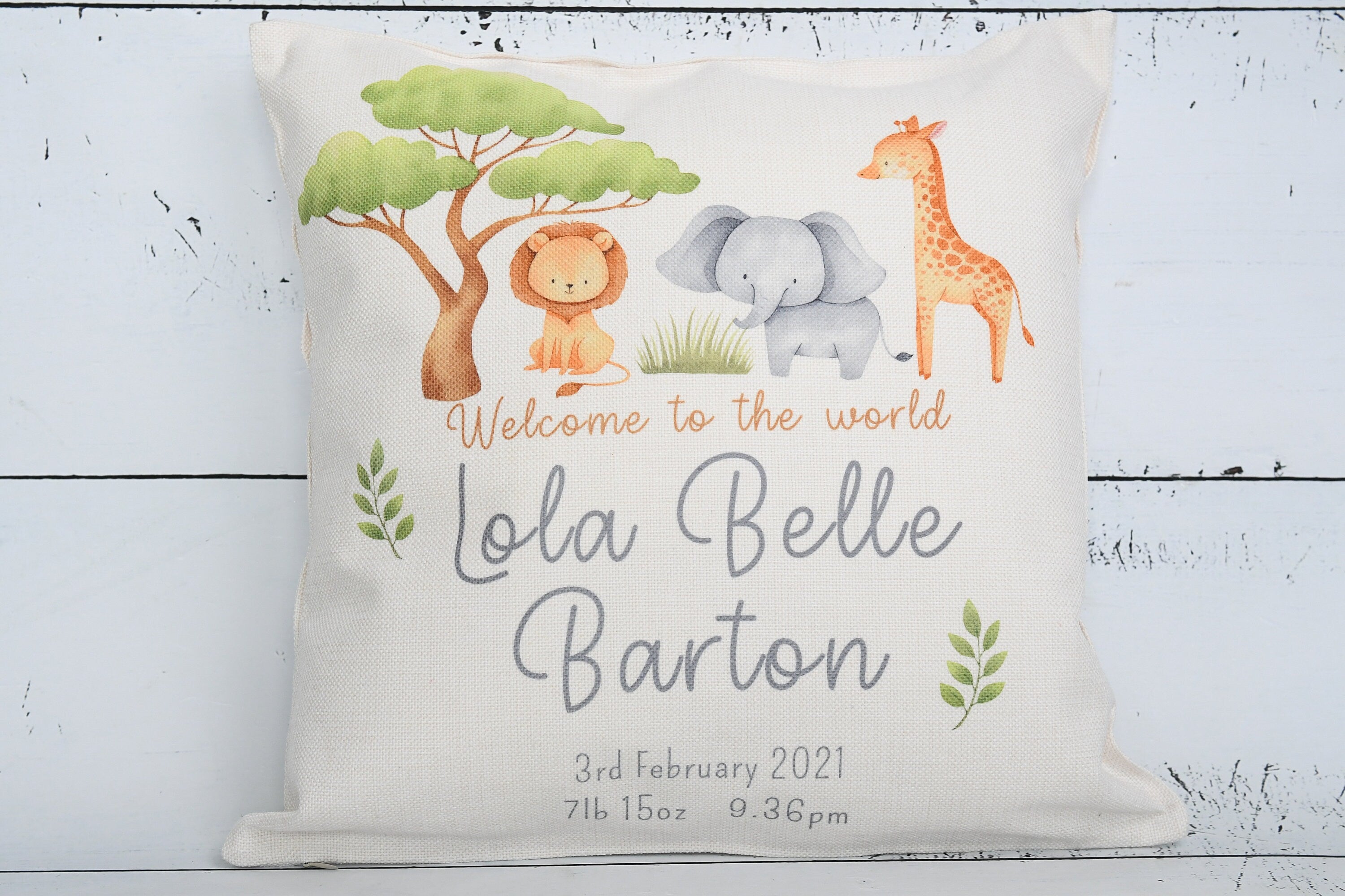 Personalised New Baby Cushion, Welcome To The World Cushion, New Baby Gifts, New Born Baby Gift, safari Cushion, New Baby Present, safari