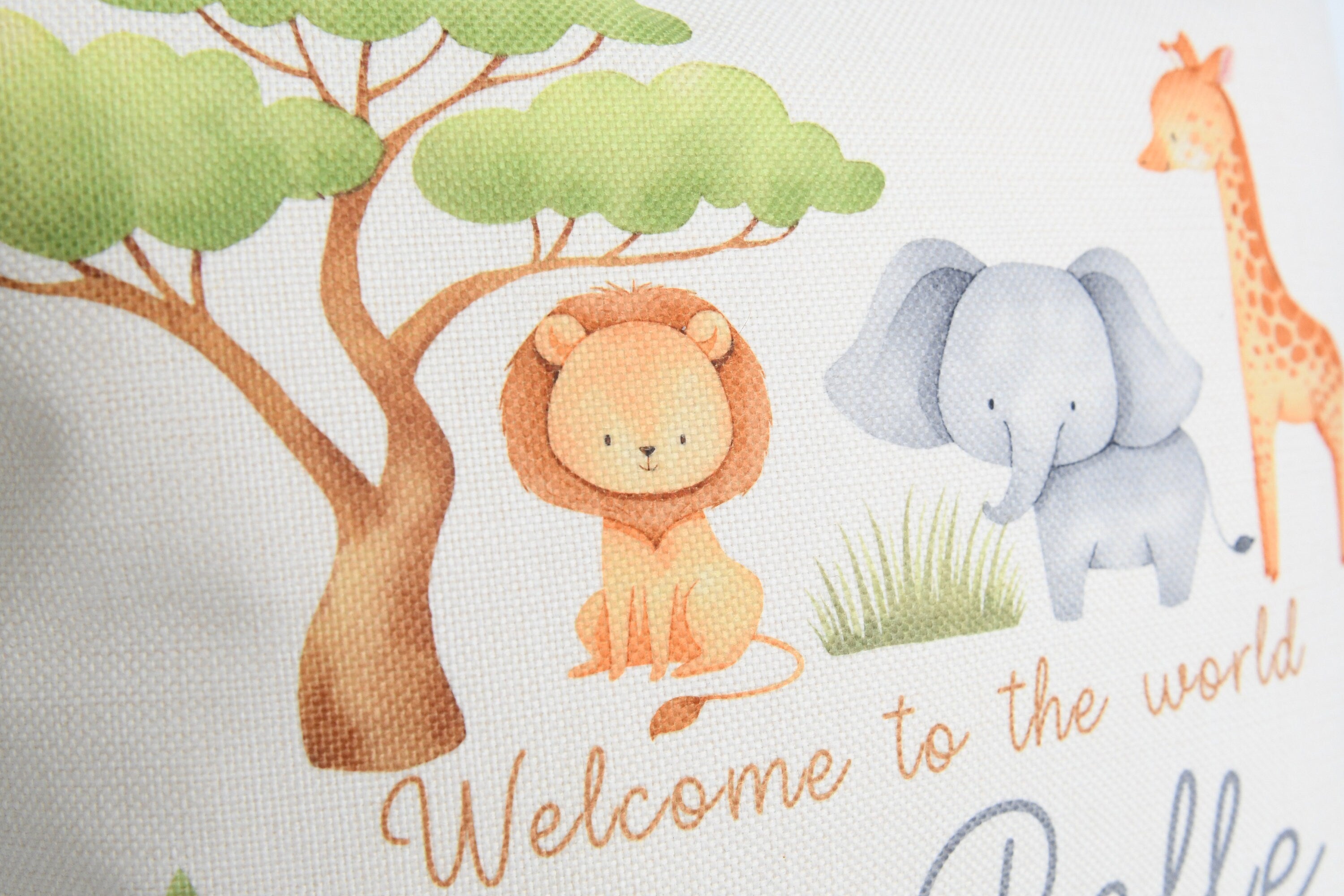 Personalised New Baby Cushion, Welcome To The World Cushion, New Baby Gifts, New Born Baby Gift, safari Cushion, New Baby Present, safari