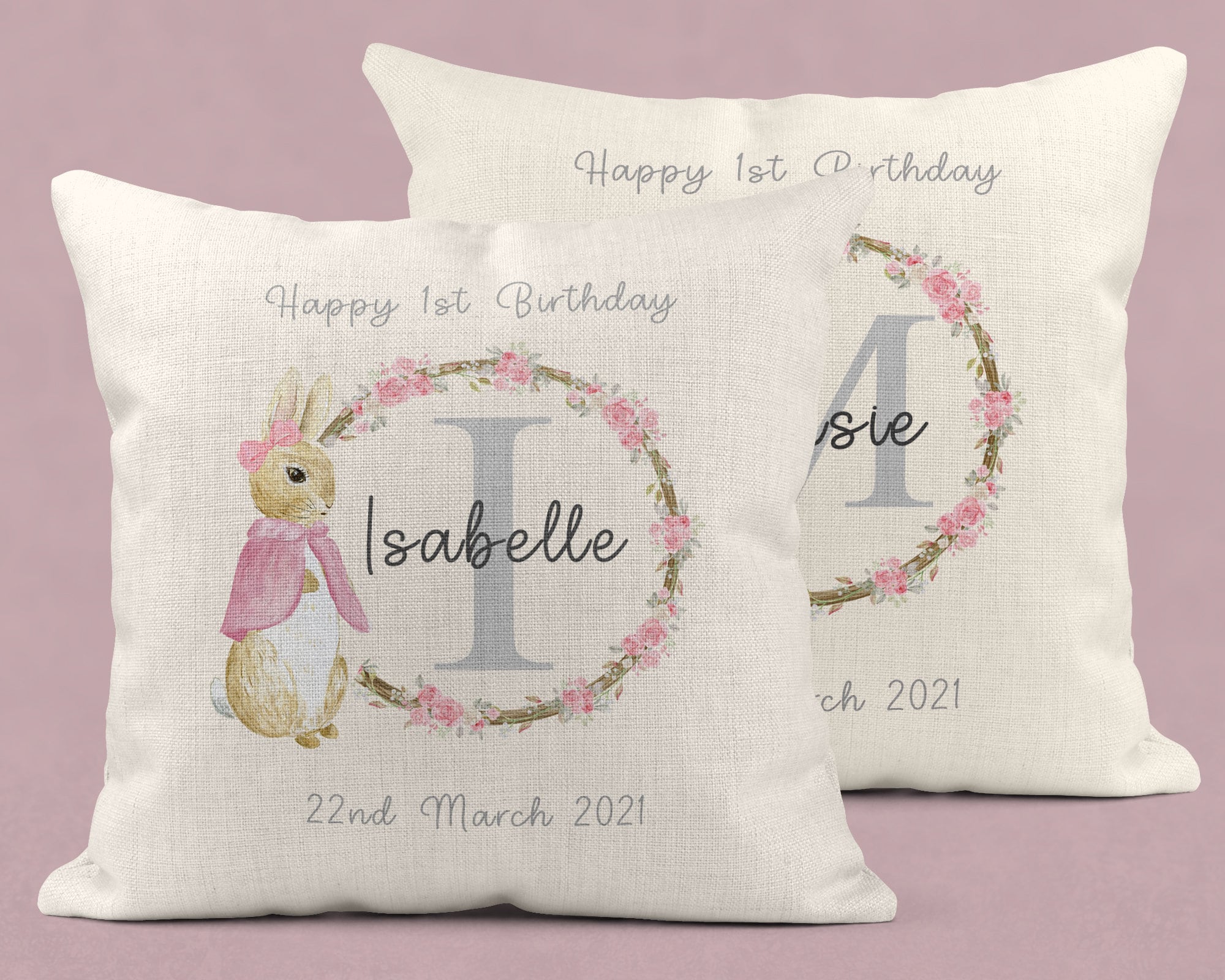 Personalised 1st birthday cushion, 1st birthday gift, New Baby Gifts, Rabbit Cushion, Flopsy Bunny cushion, Rabbit, Nursery decor