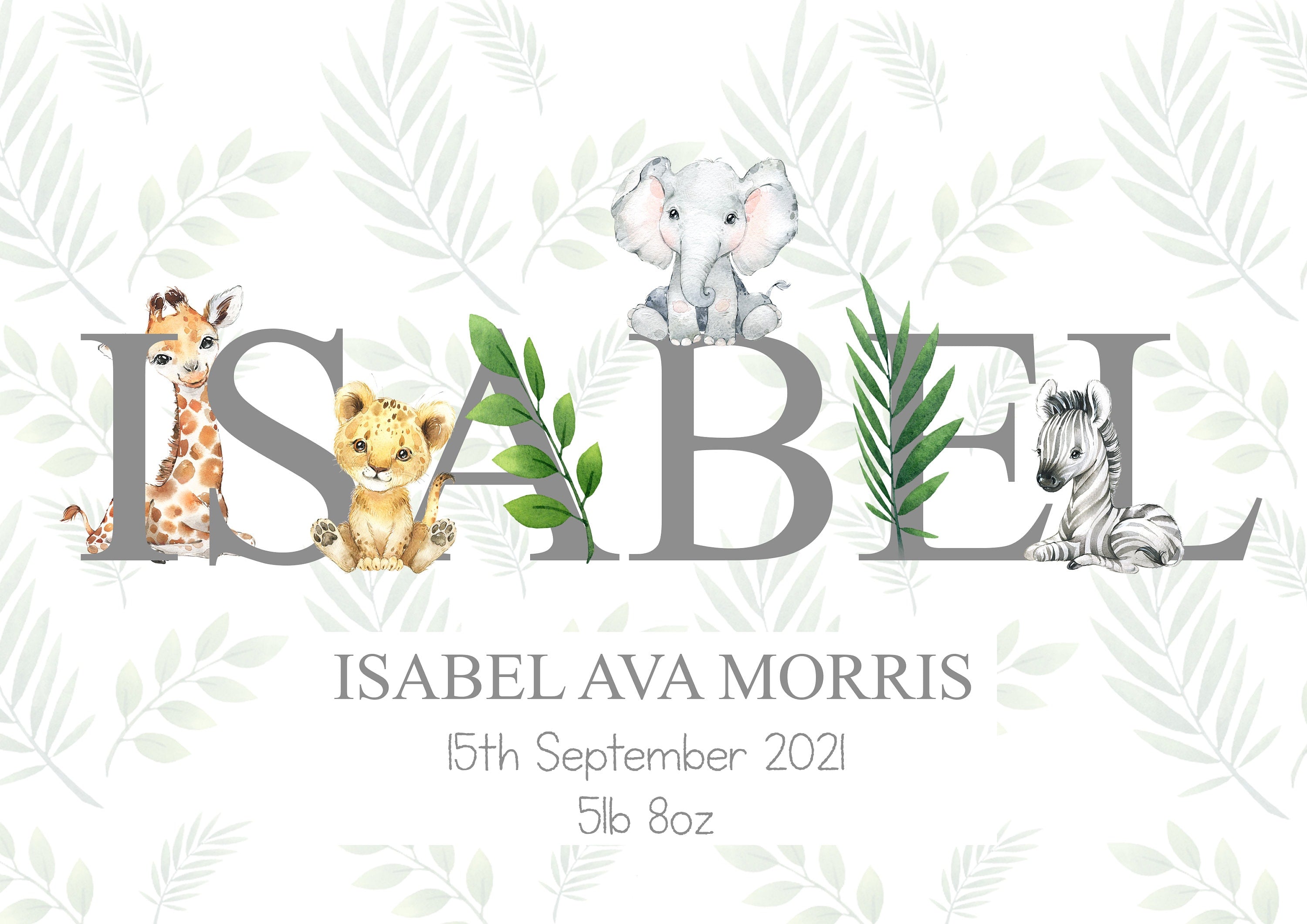 Safari name Print • Personalised New Baby Print • Birth Announcement • Baby Wall Art A4 A3 • Safari Print • Jungle Nursery Print • Safari