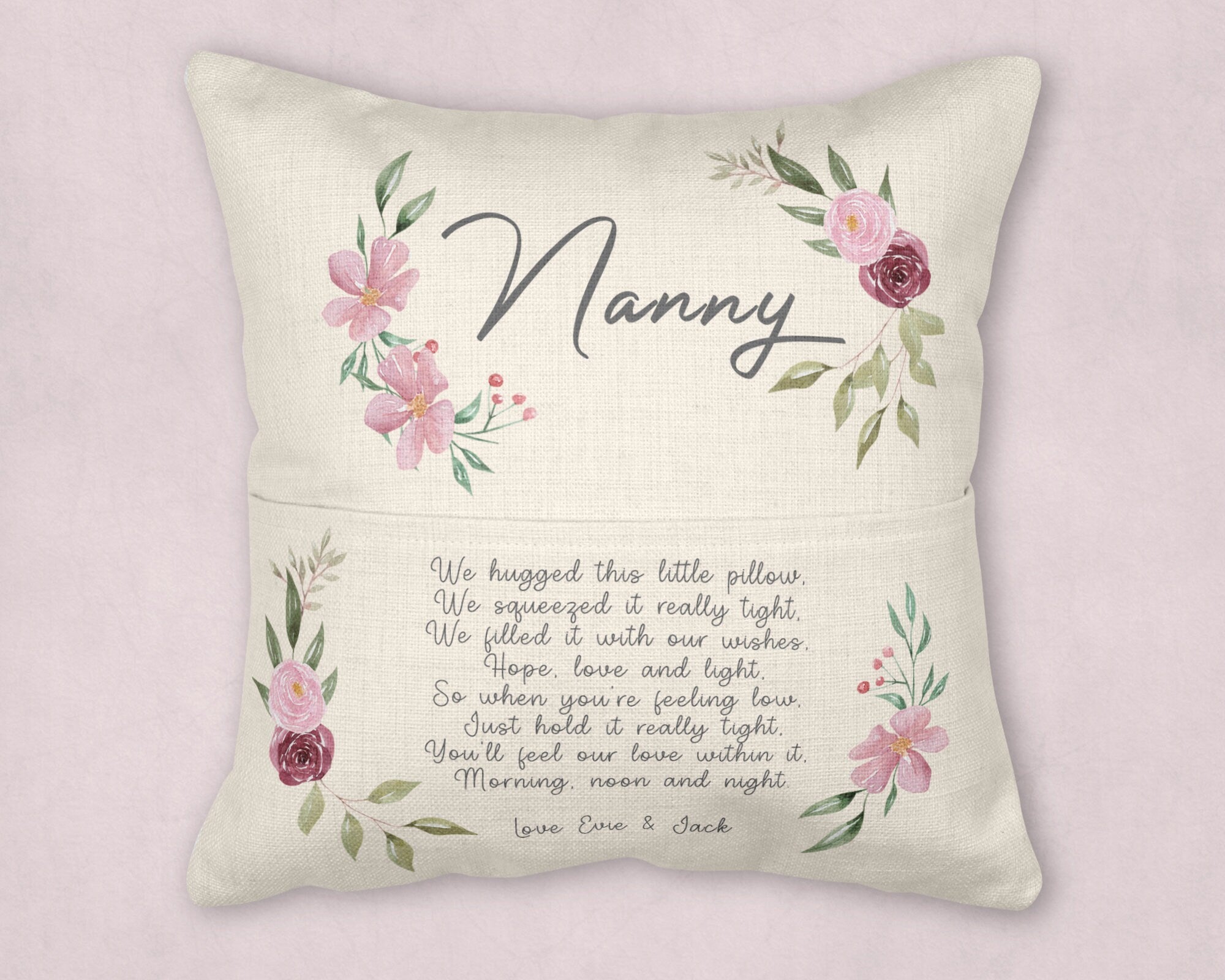 Personalised Nanny Cushion, Pocket Cushion, Nanny Gift Cushion, Grandchild Nan Gift, Gran Gifts, Mothers Day Gifts, Mum Gifts, Mummy Cushion