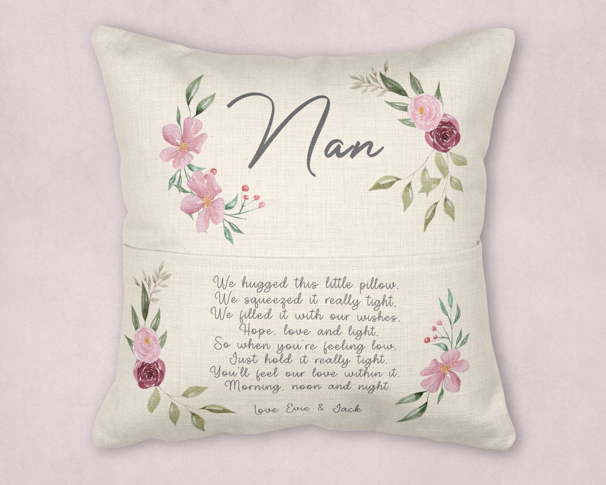 Personalised Nanny Cushion, Pocket Cushion, Nanny Gift Cushion, Grandchild Nan Gift, Gran Gifts, Mothers Day Gifts, Mum Gifts, Mummy Cushion
